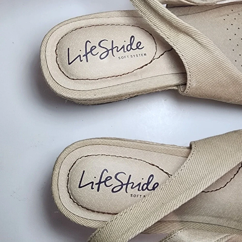 LifeStride Socialite Espadrille Wedge Tan Fabric Peep Toe Sandals Womens 6M NWOB